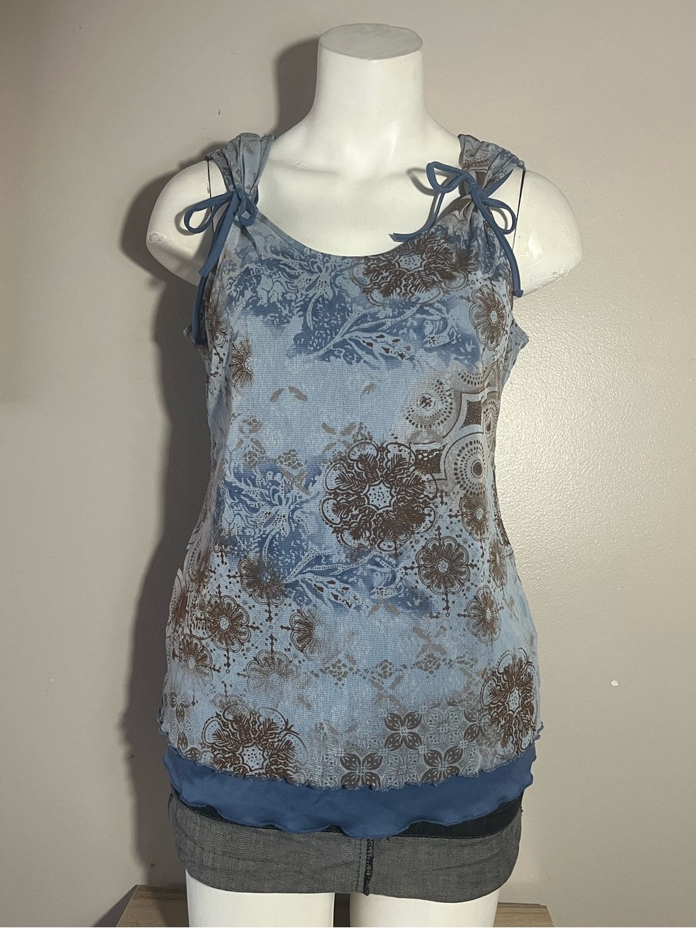 Light Blue Floral Tie-Shoulder Tank Top